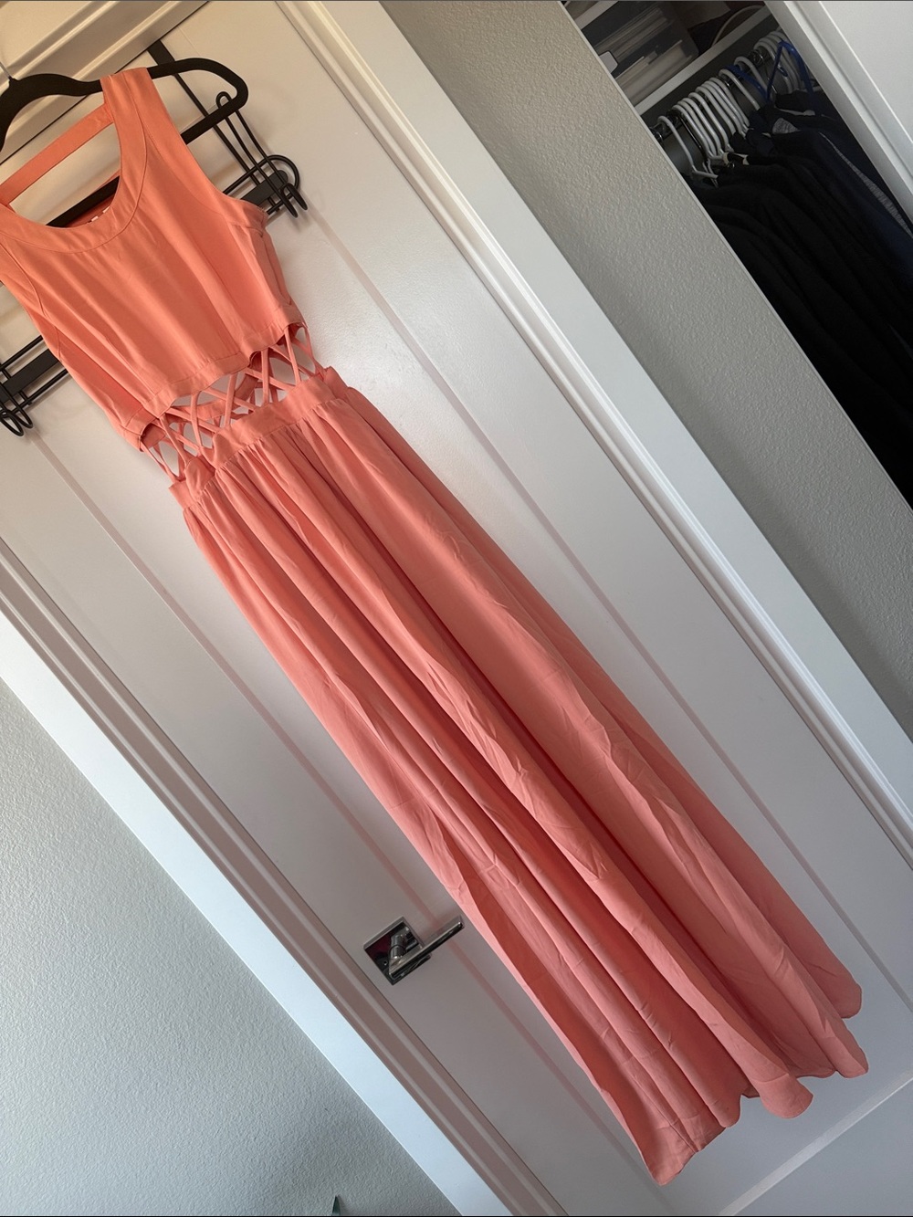 Lovers + Friends Coral Pink Sleeveless Maxi Dress with Lattice Cutout Waist